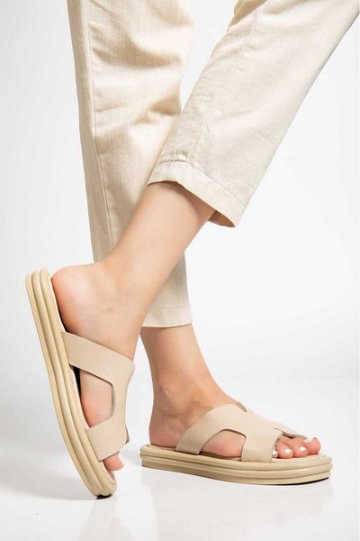 AYAKKABİSEPETİ Beige Genuine Leather Women's Slippers