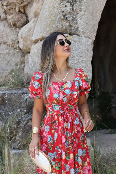 bytugcekaya Red Tie Front Floral Pattern Poplin Dress