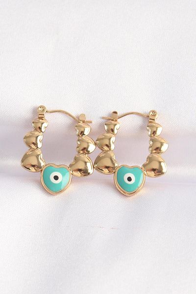 AfraBeauty 316L Steel Gold Blue Evil Eye Heart Model Earrings