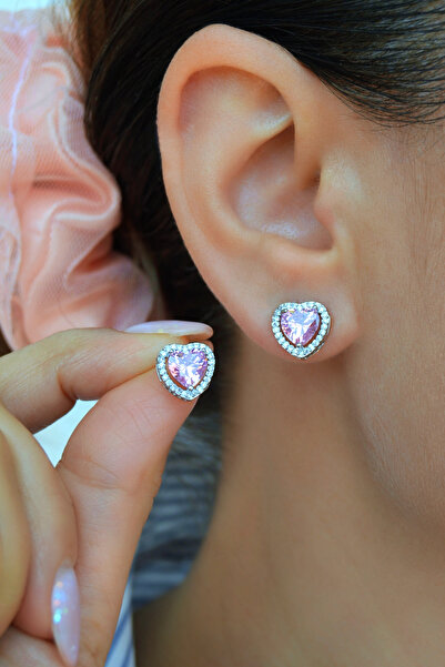 Mu Minamu Pembe Zirkon Taşlı Kalp Küpe Kalp Model Küpe