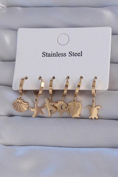 AfraBeauty 316L Steel Gold Zircon Stone Animal Figured Sea Star Model Hoop Earring Set