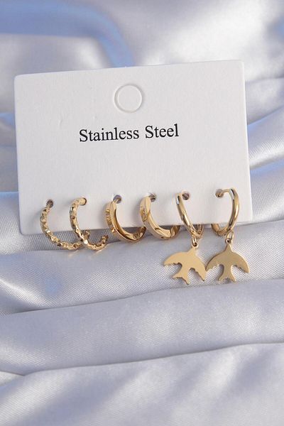 AfraBeauty 316L Steel Gold Oval Design Bird Model Earring Set