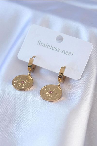 AfraBeauty 316L Steel Gold Eye Engraved Zircon Stone Detail Women's Earrings