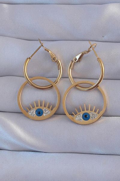 AfraBeauty 316L Steel Gold Zircon Stone Blue Eye Design Hoop Earrings