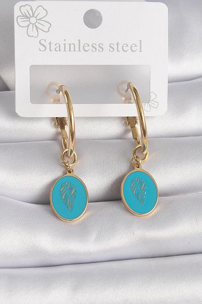 AfraBeauty 316L Steel Gold Ring Model Blue Embroidered Detail Women's Earrings