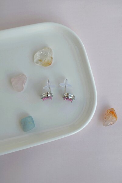 Mu Minamu Pembe Zirkon Taşlı Kalp Küpe Kalp Model Küpe