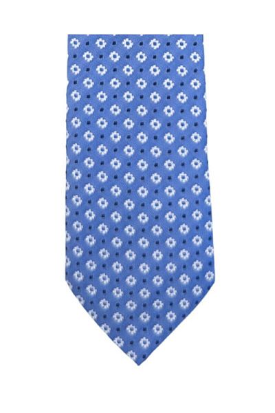 1001 Kravat Floral Patterned 7.5 cm Wide Blue Silk Tie