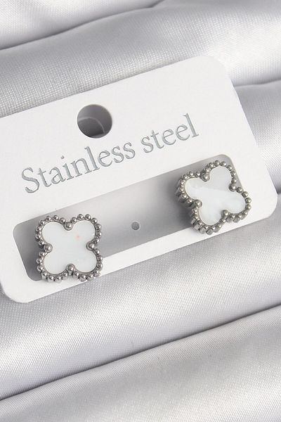 AfraBeauty 316L Steel Silver White Clover Model Women's Earrings