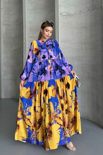 AYASOFYA OTANTIK Women's Purple Yellow Buttoned Patched Collar Balloon Loose Wide Cut Sleeve Long Dress