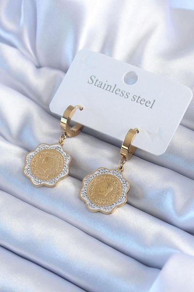 AfraBeauty 316L Steel Gold Quarter Model Zircon Stone Detail Women's Earrings