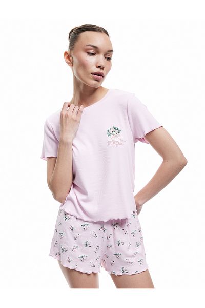Koton New Season Viscose Fabric Crew Neck Short Sleeve Floral Shorts Pajama Set