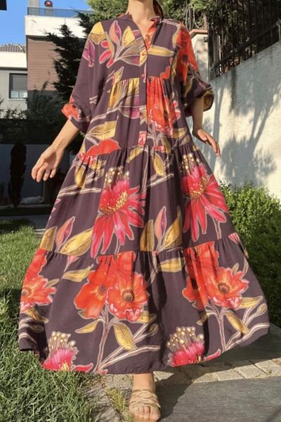 AYASOFYA OTANTIK Women's Black Buttoned Patchwork Floral Patterned Collar Balloon Loose Sleeve Long Dress