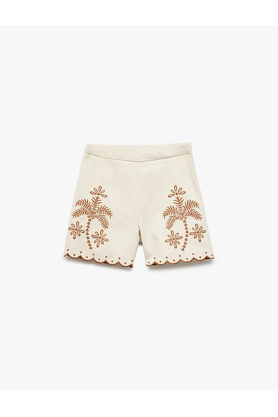 Koton New Season Palm Embroidered Cotton Shorts with Elastic Waist