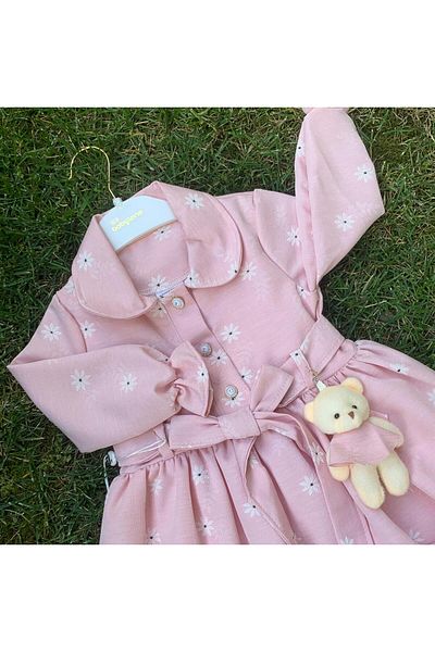 XORVİO Girl's Long Sleeve Belted Buttoned Baby Collar Cotton Pink Color Floral Teddy Bear Dress