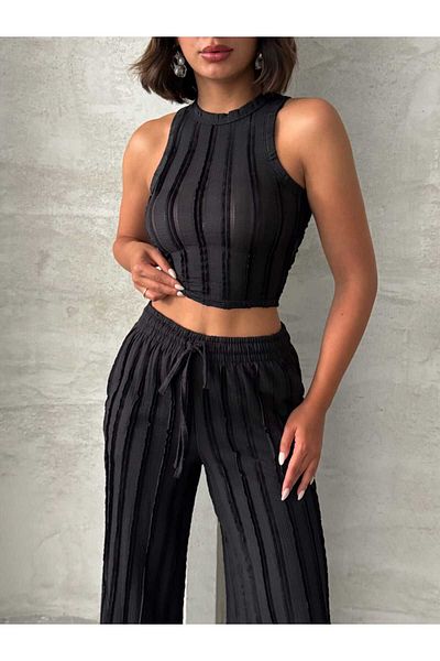 Brood Women's Textured Knitwear Look Crew Neck Blouse-Baggy Pants Set