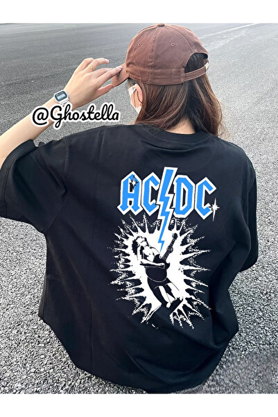 Minga London Tricou unisex oversize negru cu scris ACDC Music Group -Ghostella