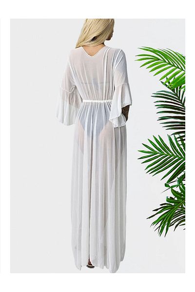 Star Fashion Halat de plaja lung, stil pareo, din voal, cu maneca trei sferturi si cordon in talie
