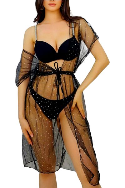Star Fashion Beach pareo, beach robe type, drawstring at the waist, with crystals/rhinestones applied, short sleeves