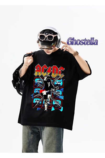 Minga London Tricou unisex supradimensionat negru cu scrisoare Color ACDC Mus...