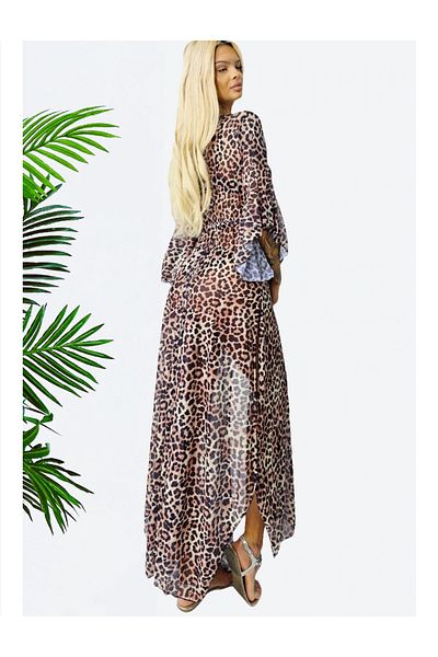 Star Fashion Long beach robe, pareo style, made of veil, with three-quarter sleeves and drawstring at the waist