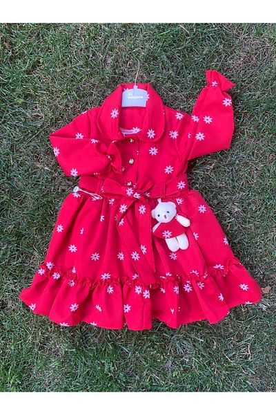 XORVİO Girl's Long Sleeve Belted Buttoned Baby Collar Cotton Red Color Floral Teddy Bear Dress