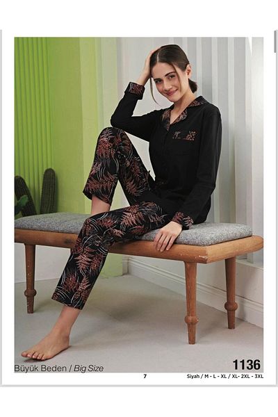 Miss Klein Set de pijamale cu mânecă scurtă din bumbac lycra pentru femei, mărime mare, guler cămașă 1136 - 1 buc