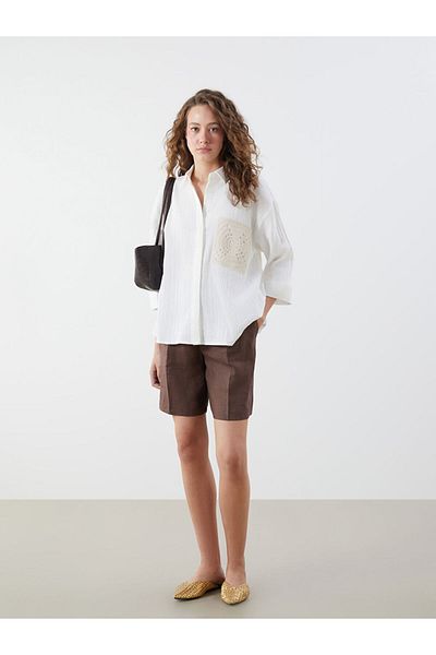 LC Waikiki Ecru Embroidered Oversize Women's Shirt