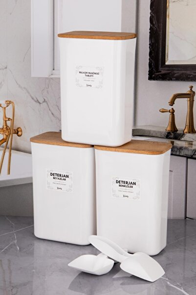 mafa home 3'lü Beyaz Ahşap Vakum Kapak Renkliler Beyazlar ve Tablet Deterjan Düzenleyici Saklama Kutusu 3 Lt