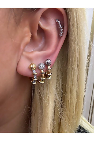 Hicrans Takı ÇİFT RENKLİ TOPÇUK DETAYLI ÜÇLÜ SET ÇELİK KÜPE