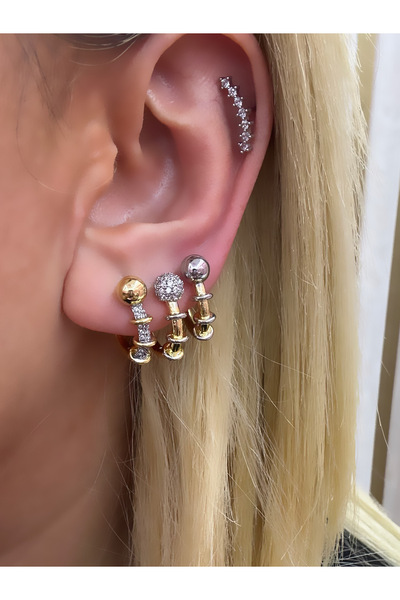 Hicrans Takı ÇİFT RENKLİ TOPÇUK DETAYLI ÜÇLÜ SET ÇELİK KÜPE