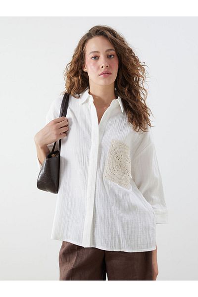 LC Waikiki Ecru Embroidered Oversize Women's Shirt