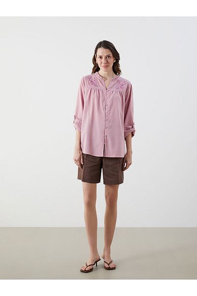 LC Waikiki Grace Pink Scoop Collar Floral Embroidered Women's Shirt
