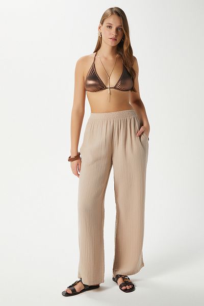 Ritnice Women's Maja 100% Cotton Muslin Beige Trousers with Elastic Waist