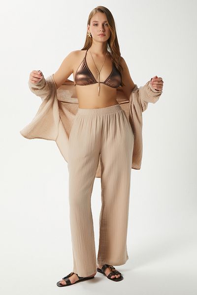 Ritnice Women's Maja 100% Cotton Muslin Beige Trousers with Elastic Waist