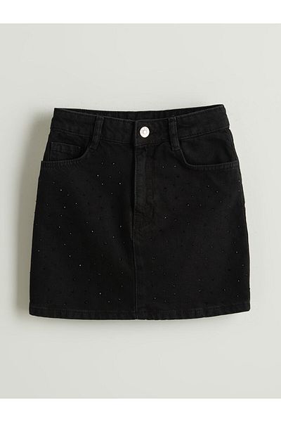 LC Waikiki Girl's Jean Skirt with Adjustable Elastic Waist and Stones