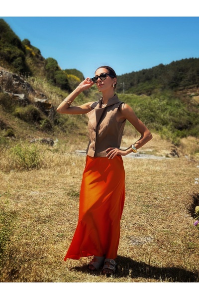 NK High Waist Orange Zipper Closure Long Satin Skirt