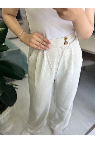 Meralles Stone Color Linen Trousers with Elastic Waist (Leggings)