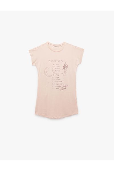Koton New Season Cotton Short Sleeve Crew Neck Astrology Themed Printed Nightdress