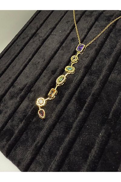 Gulsah's Store Steel Gold Y, Melis 7 Element Stone Necklace