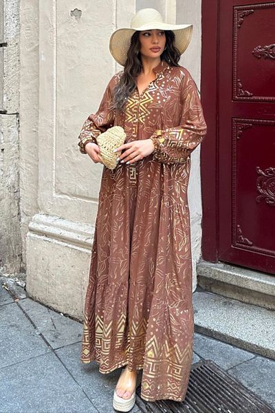 AYASOFYA OTANTIK Γυναικείο καφέ πατιλέτα γιακά με αστραγάλο με γυαλιστερό σχέδιο μπαλόνι μακρύ έθνικ αυθεντικό μακρύ φόρεμα