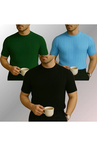 LC Waikiki Lc Waiki 3-Pack Advantage Package Crew Neck Short Sleeve Striped Breathable Premium Men's Summer Ti