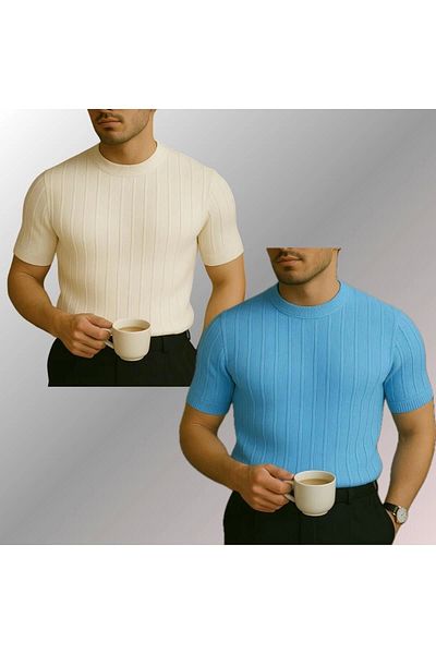 LC Waikiki Lc Waiki 2-Pack Advantage Package Crew Neck Short Sleeve Striped Breathable Premium Men's Summer T-Shirt
