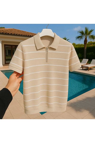 LC Waikiki Lc Waiki Cotton Men's Knitwear Striped Zipper Detail Stylish Style New Model T-Shirt