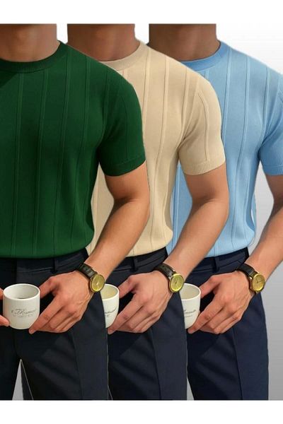 LC Waikiki Lc Waiki 3-Pack Advantageous Package Crew Neck Short Sleeve Striped Men's Summer T-Shirt