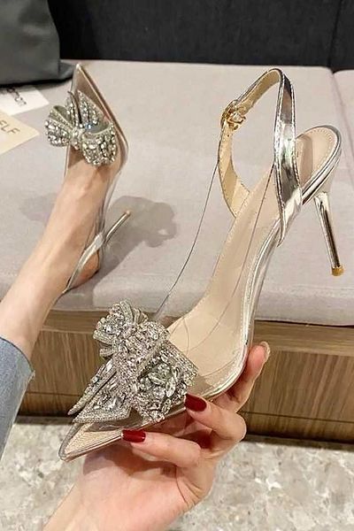 TrendyAnka Lady Princess Silver Transparent Nude Bow Buckle Rhinestone 8 cm Thin Heeled Wedding Engagement Evening Dress Shoes