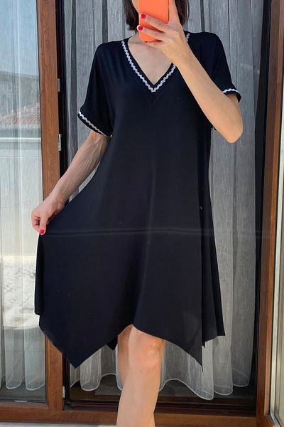 AYASOFYA OTANTIK Rochie neagră de damă, cu decolteu în V, cu mânecă scurtă, din bumbac pieptănat