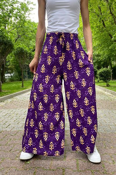 AYASOFYA OTANTIK Women's Purple Elastic Waist Ethnic Patterned Wide Leg Trousers with Pockets