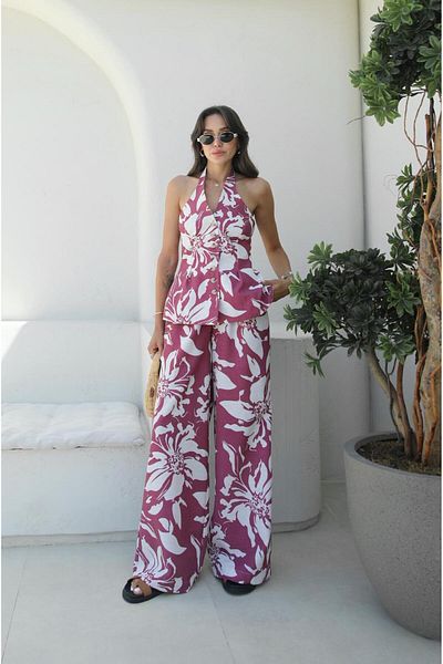 Havoş Light Burgundy Halter Vest Pants Suit