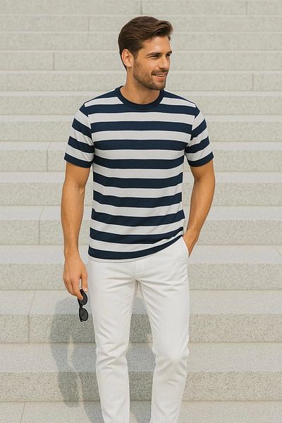LC Waikiki Lc Waiki Men's Short Sleeve Striped Crew Neck T-Shirt / T-Shirt Casual Stylish Design