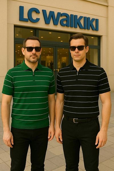 LC Waikiki Lc Waiki 2-Pack Advantageous Package Polo Collar Zipper Striped Short Sleeve Men's Summer Knitwear T-Shirt / T-S
